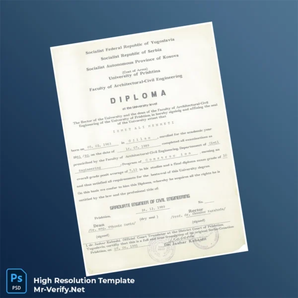 Printable Kosovo University of Prishtina Graduate Engineer of Civil Engineering Template Image Preview - PrintDocs