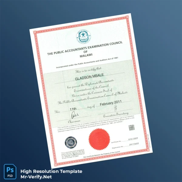 Printable Malawi Public Accountants Examination Council Diploma Certificate Image Preview - PrintDocs
