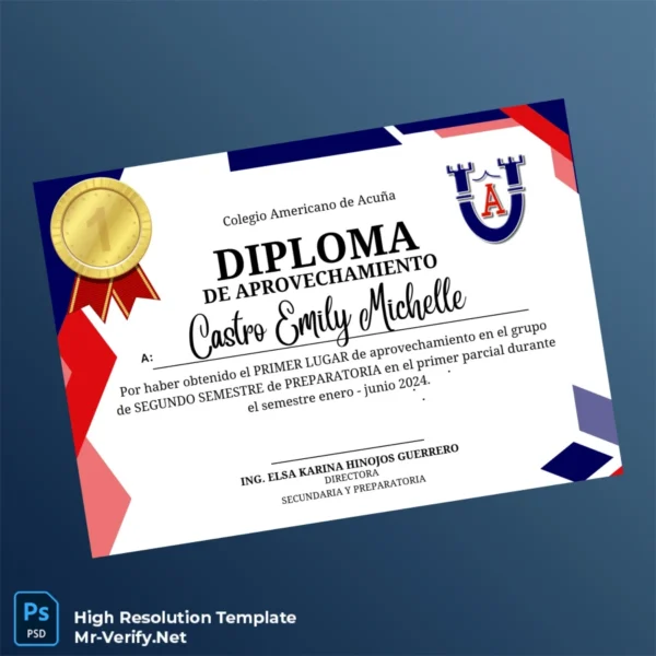 Printable Mexico Colegio Americano de Acuña Diploma of Achievement Template Image Preview - PrintDocs