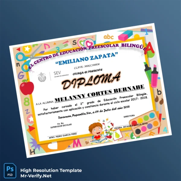 Printable Mexico Emiliano Zapata Preschool Center Preschool Diploma Image Preview - PrintDocs