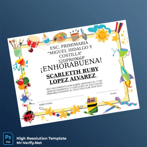 Printable Mexico Miguel Hidalgo y Costilla Primary School Recognition Certificate Image Preview - PrintDocs