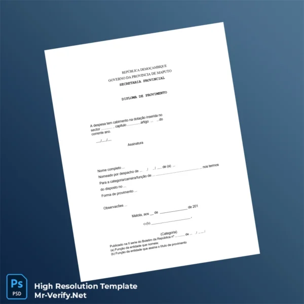 Printable Mozambique Provincial Government Diploma of Provision Template Image Preview - PrintDocs