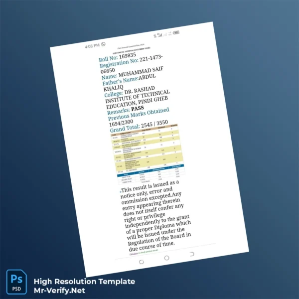 Printable Pakistan Dr. Rashad Institute of Technical Education Diploma in Electrical Engineering Template Image Preview - PrintDocs