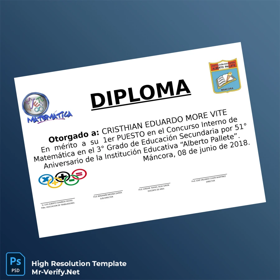 Peru Alberto Pallete Institution High School Diploma Printable Peru Alberto Pallete Institution High School Diploma Image Preview - PrintDocs