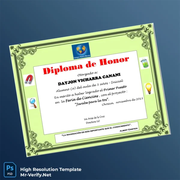 Printable Peru Colegio Nuevo Mundo Honor Diploma Image Preview - PrintDocs