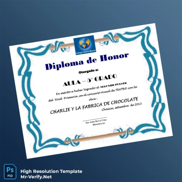 Printable Peru Colegio Nuevo Mundo Honor Diploma Template Image Preview - PrintDocs