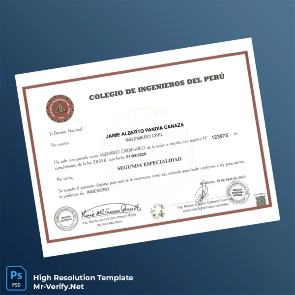Peru Colegio de Ingenieros del Perú Engineer Diploma Certificate Printable Peru Colegio de Ingenieros del Perú Engineer Diploma Certificate Image Preview - PrintDocs