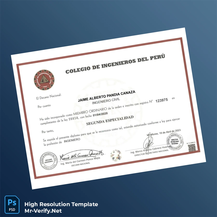 Peru Colegio de Ingenieros del Perú Engineer Diploma Certificate Printable Peru Colegio de Ingenieros del Perú Engineer Diploma Certificate Image Preview - PrintDocs