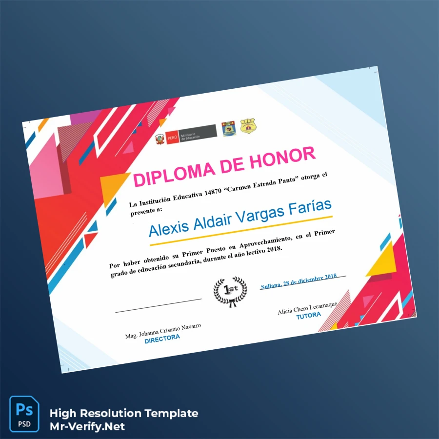 Peru Educational Institution 14870 Carmen Estrada Panta Honor Diploma Template Printable Peru Educational Institution 14870 Carmen Estrada Panta Honor Diploma Template Image Preview - PrintDocs