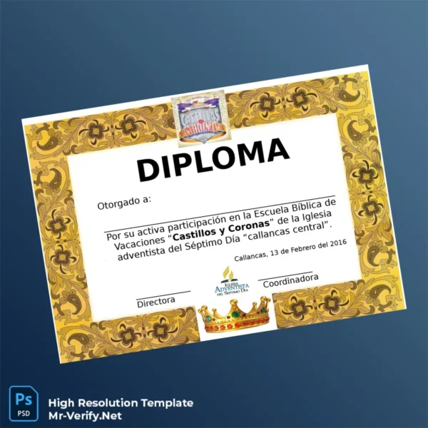 Printable Peru Iglesia Adventista del Séptimo Día _Callancas Central_ Diploma for Vacation Bible School Participation Certificate Image Preview - PrintDocs