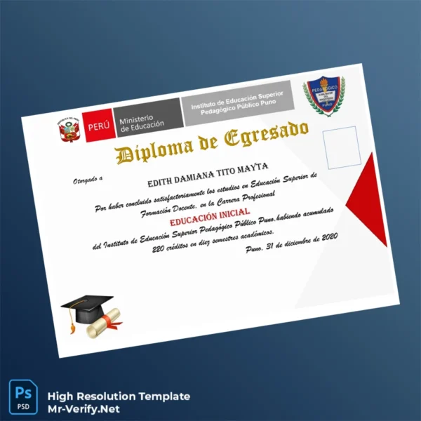 Printable Peru Institute of Higher Pedagogical Education Public Puno Initial Education Diploma Image Preview - PrintDocs