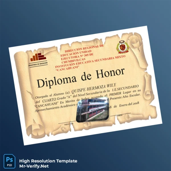 Printable Peru Institution Educativa Secundaria Mixto _Canchauani_ Honor Diploma Image Preview - PrintDocs