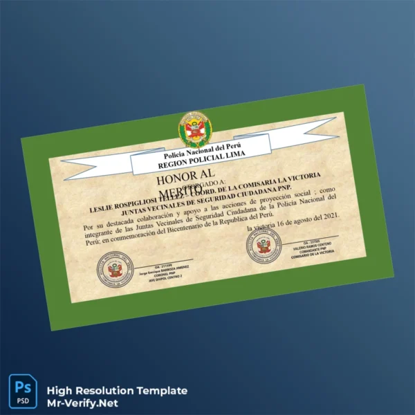 Printable Peru National Police Regional Police Lima Honor Diploma Image Preview - PrintDocs