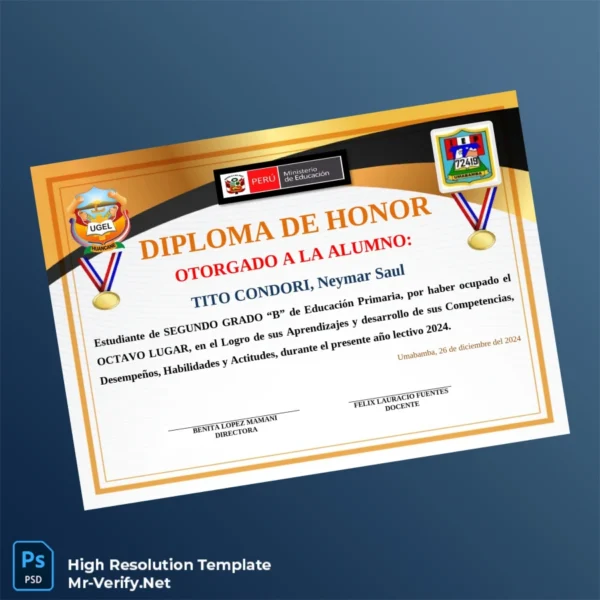 Printable Peru UGEL Honor Diploma Award for Neymar Saul Tito Condori Image Preview - PrintDocs