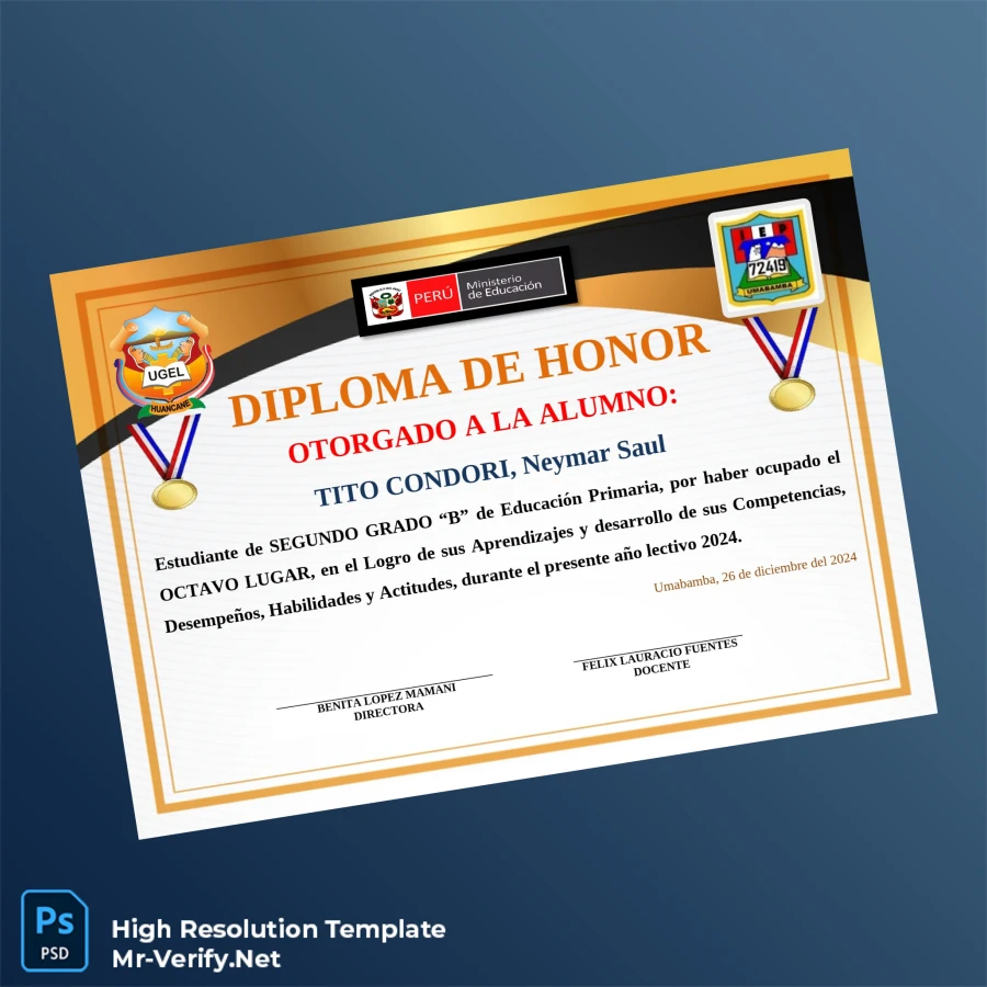Peru UGEL Honor Diploma Award for Neymar Saul Tito Condori Printable Peru UGEL Honor Diploma Award for Neymar Saul Tito Condori Image Preview - PrintDocs
