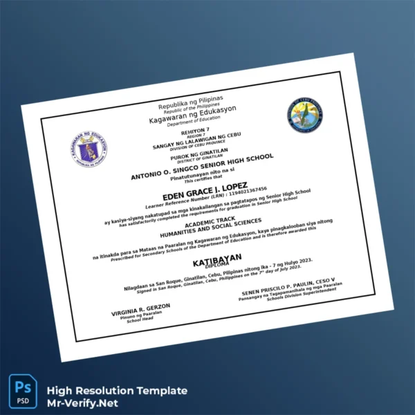 Philippines Antonio O. Singco Senior High School High School Diploma Printable Philippines Antonio O. Singco Senior High School High School Diploma Image Preview - PrintDocs