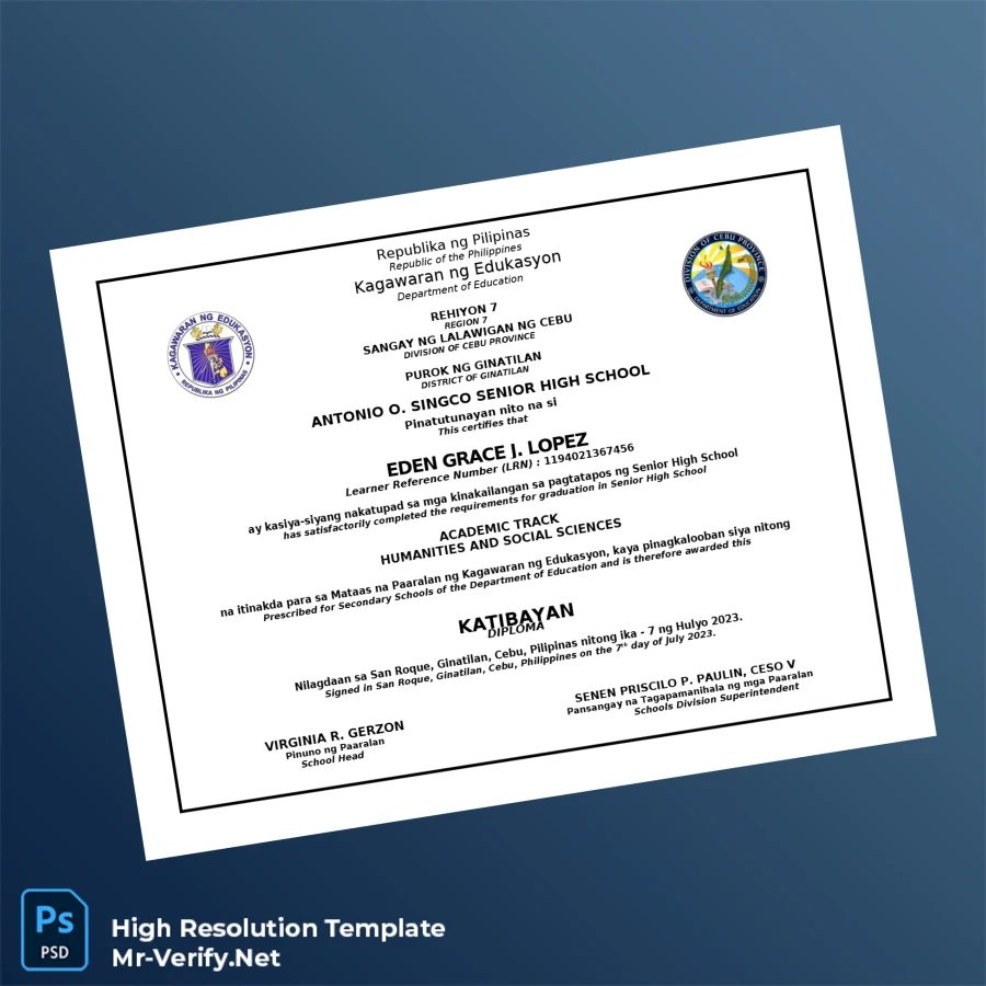 Philippines Antonio O. Singco Senior High School High School Diploma Printable Philippines Antonio O. Singco Senior High School High School Diploma Image Preview - PrintDocs