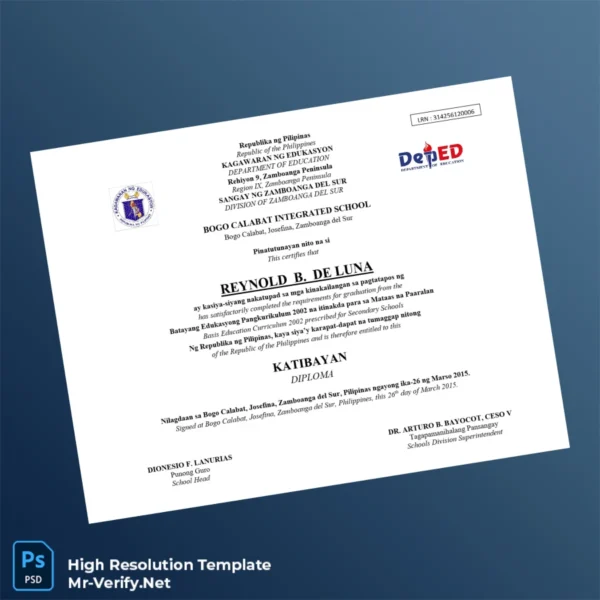 Printable Philippines Bogo Calabat Integrated School High School Diploma Image Preview - PrintDocs