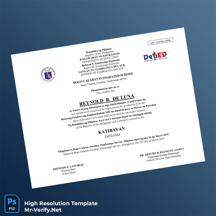 Philippines Bogo Calabat Integrated School High School Diploma Printable Philippines Bogo Calabat Integrated School High School Diploma Image Preview - PrintDocs