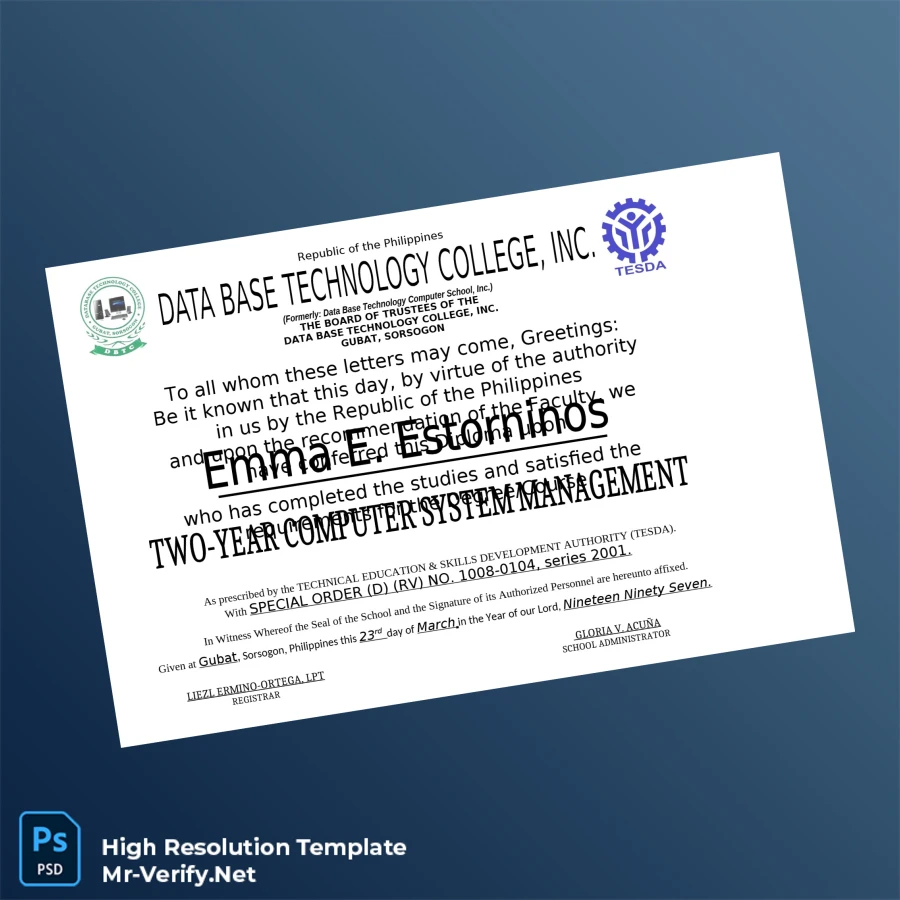 Philippines Data Base Technology College Inc Two-Year Computer System Management Template Printable Philippines Data Base Technology College Inc Two-Year Computer System Management Template Image Preview - PrintDocs