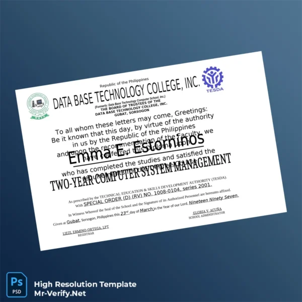 Printable Philippines Data Base Technology College Inc Two-Year Computer System Management Template Image Preview - PrintDocs