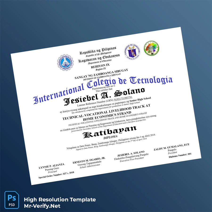 Philippines International College of Technology High School Diploma in Technical-Vocational Livelihood Track at Home Economics Strand Printable Philippines International College of Technology High School Diploma in Technical-Vocational Livelihood Track at Home Economics Strand Image Preview - PrintDocs