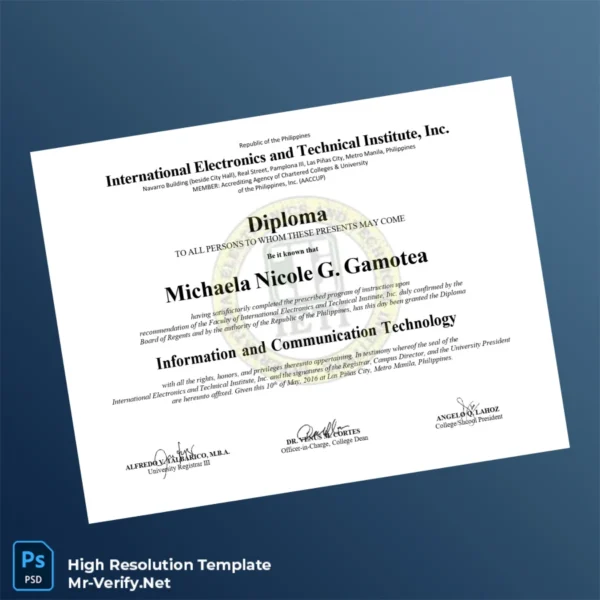 Printable Philippines International Electronics and Technical Institute Inc Diploma in Information and Communication Technology Image Preview - PrintDocs