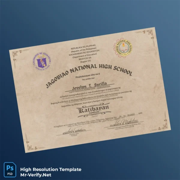 Printable Philippines Jagobiao National High School High School Diploma Template Image Preview - PrintDocs