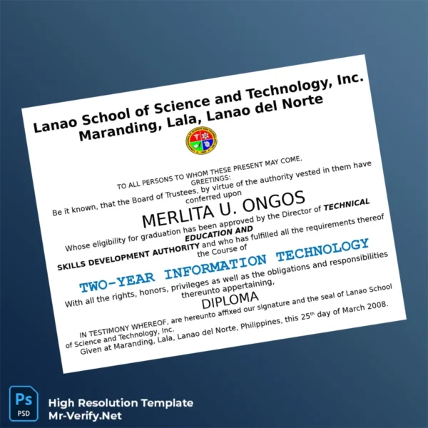 Printable Philippines Lanao School of Science and Technology Inc. Two-Year Diploma in Information Technology and Health Care Services NC II Image Preview - PrintDocs