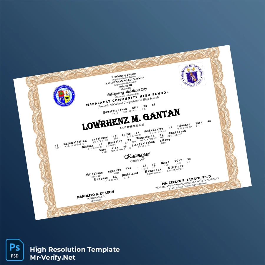 Philippines Mabalacat Community High School High School Diploma Certificate Printable Philippines Mabalacat Community High School High School Diploma Certificate Image Preview - PrintDocs