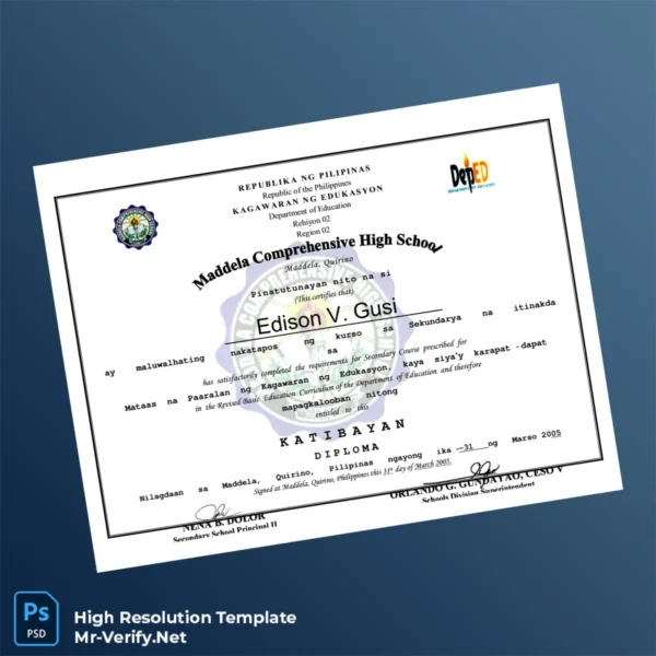 Philippines Maddela Comprehensive High School Secondary Diploma Printable Philippines Maddela Comprehensive High School Secondary Diploma Image Preview - PrintDocs