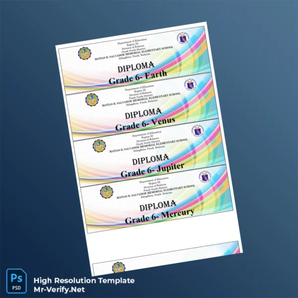 Philippines Matias B. Salvador Memorial Elementary School Kindergarten and Grade 6 Diploma Template Printable Philippines Matias B. Salvador Memorial Elementary School Kindergarten and Grade 6 Diploma Template Image Preview - PrintDocs