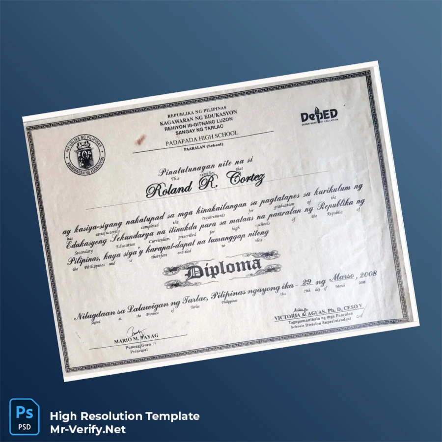 Philippines Padapada High School High School Diploma Template Printable Philippines Padapada High School High School Diploma Template Image Preview - PrintDocs