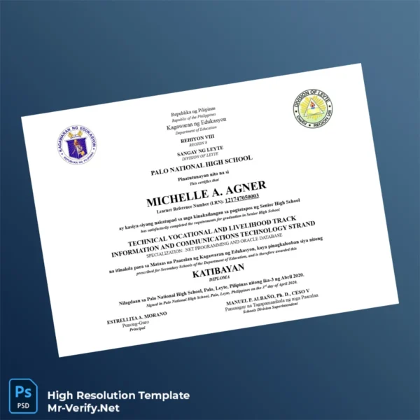 Printable Philippines Palo National High School High School Diploma in Technical Vocational and Livelihood Track Image Preview - PrintDocs