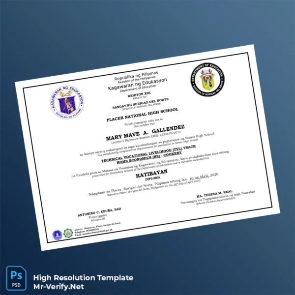 Philippines Placer National High School High School Diploma Printable Philippines Placer National High School High School Diploma Image Preview - PrintDocs