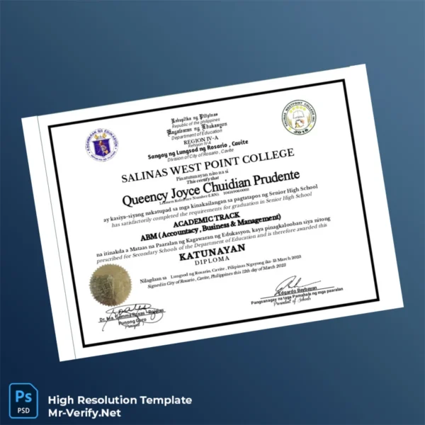 Philippines Salinas West Point College High School Diploma Printable Philippines Salinas West Point College High School Diploma Image Preview - PrintDocs