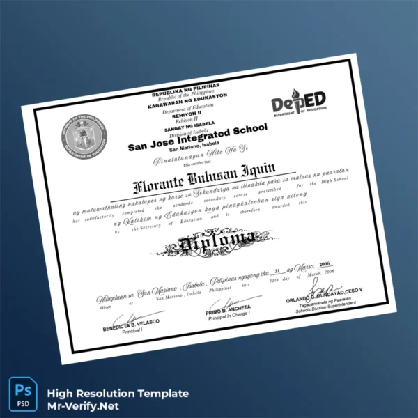 Philippines San Jose Integrated School High School Diploma Printable Philippines San Jose Integrated School High School Diploma Image Preview - PrintDocs