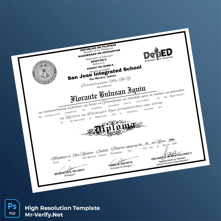 Philippines San Jose Integrated School High School Diploma Printable Philippines San Jose Integrated School High School Diploma Image Preview - PrintDocs