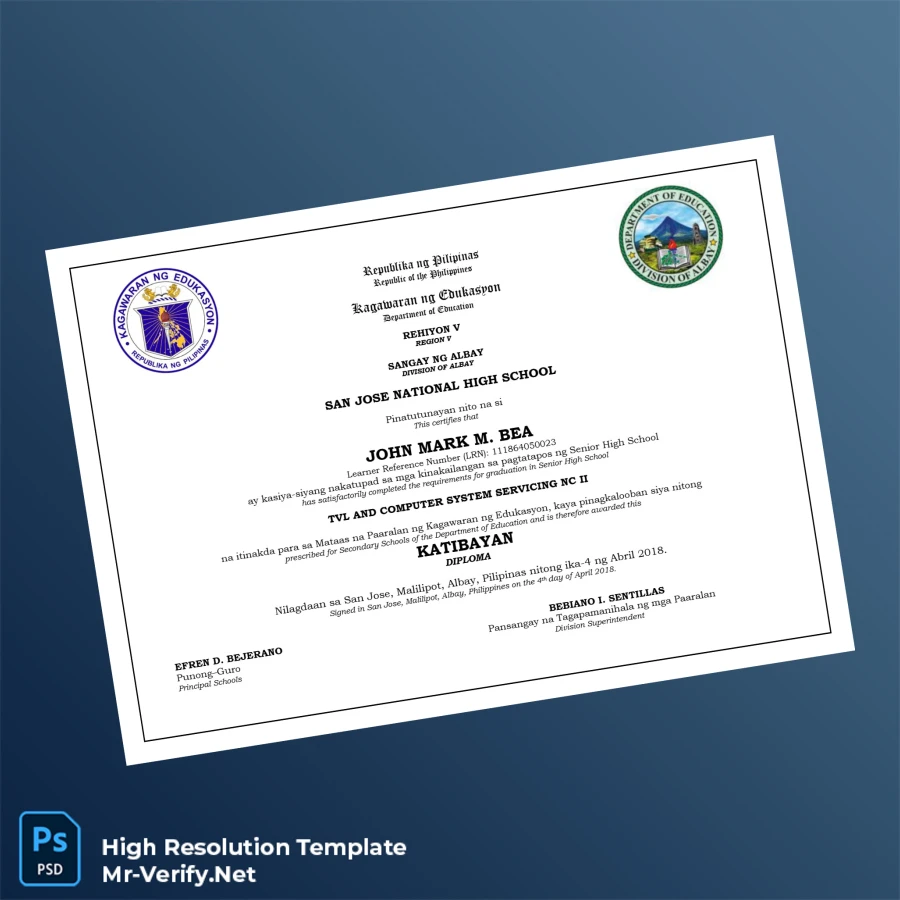 Philippines San Jose National High School High School Diploma Printable Philippines San Jose National High School High School Diploma Image Preview - PrintDocs
