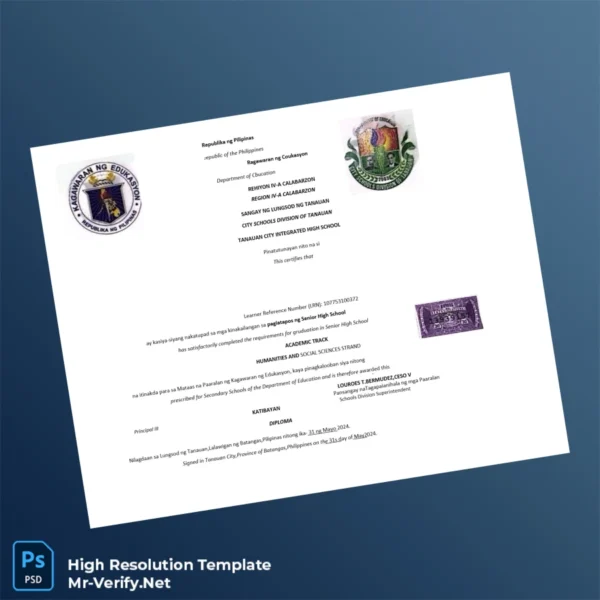 Printable Philippines Tanauan City Integrated High School Senior High School Diploma Image Preview - PrintDocs