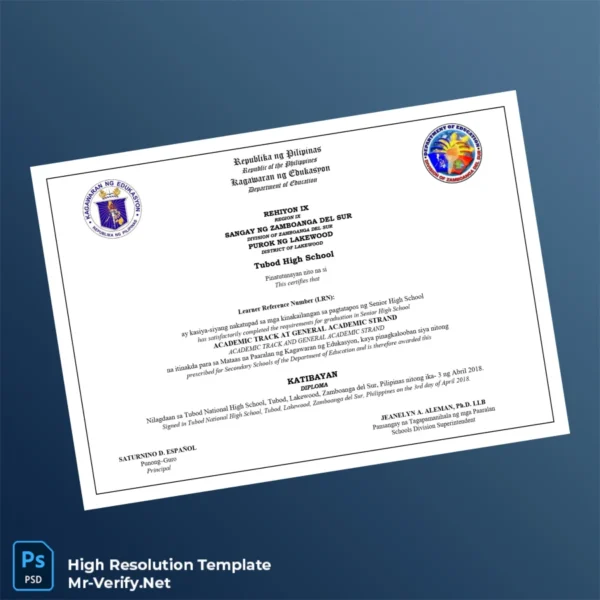 Philippines Tubod High School High School Diploma Printable Philippines Tubod High School High School Diploma Image Preview - PrintDocs
