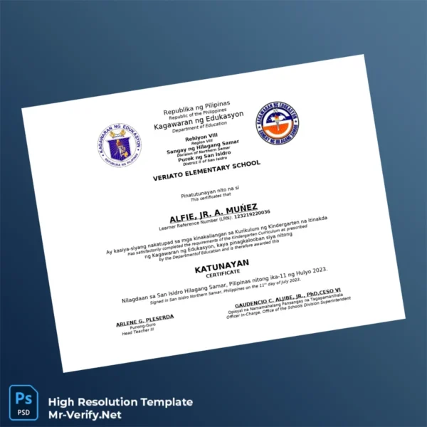 Philippines Veriato Elementary School Kindergarten Diploma Printable Philippines Veriato Elementary School Kindergarten Diploma Image Preview - PrintDocs