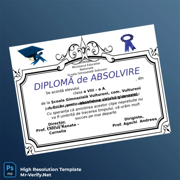 Romania Scoala Gimnaziala Vultureni Middle School Graduation Diploma Template Printable Romania Scoala Gimnaziala Vultureni Middle School Graduation Diploma Template Image Preview - PrintDocs