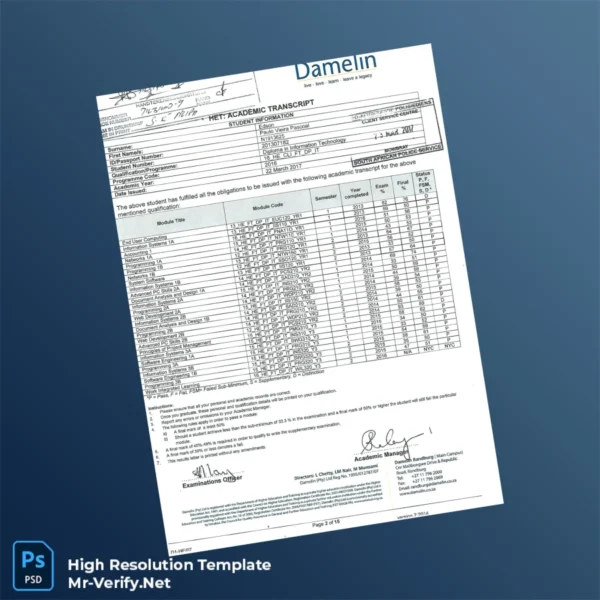 Printable South Africa Damelin College Diploma in Information Technology Template Image Preview - PrintDocs