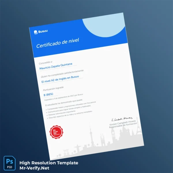 Printable Spain Busuu A2 English Level Certificate Template Image Preview - PrintDocs