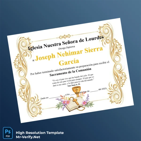 Printable Spain Church of Our Lady of Lourdes Communion Diploma Image Preview - PrintDocs