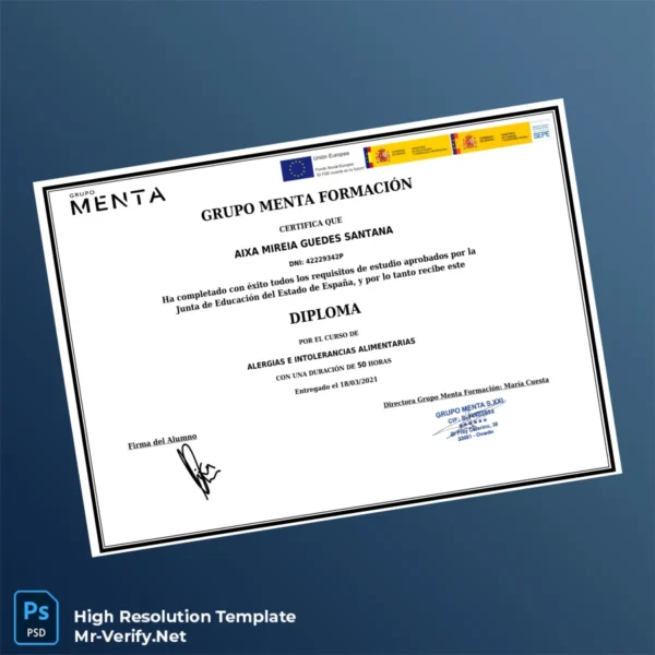 Printable Spain Grupo Menta Formación Diploma in Allergies and Food Intolerances Template Image Preview - PrintDocs