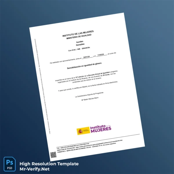 Printable Spain Instituto de las Mujeres Certificate in Gender Equality Awareness Template Image Preview - PrintDocs
