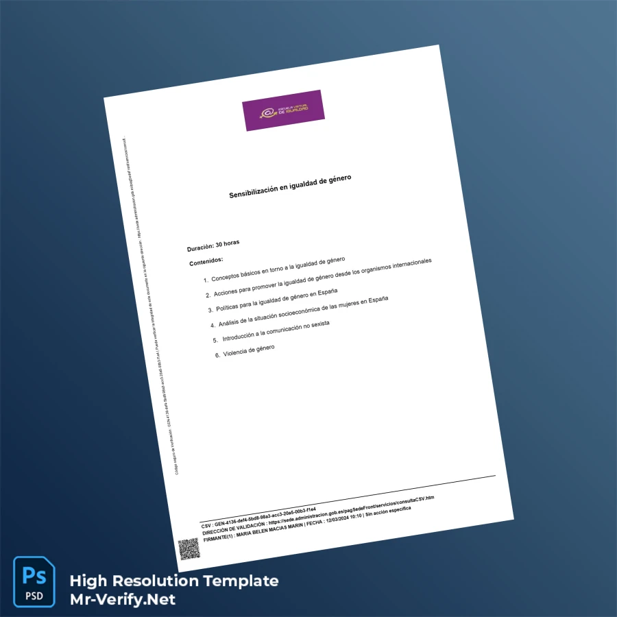 Spain Instituto de las Mujeres Certificate in Gender Equality Awareness Template-page2 Printable Spain Instituto de las Mujeres Certificate in Gender Equality Awareness Template page 2 Image Preview - PrintDocs