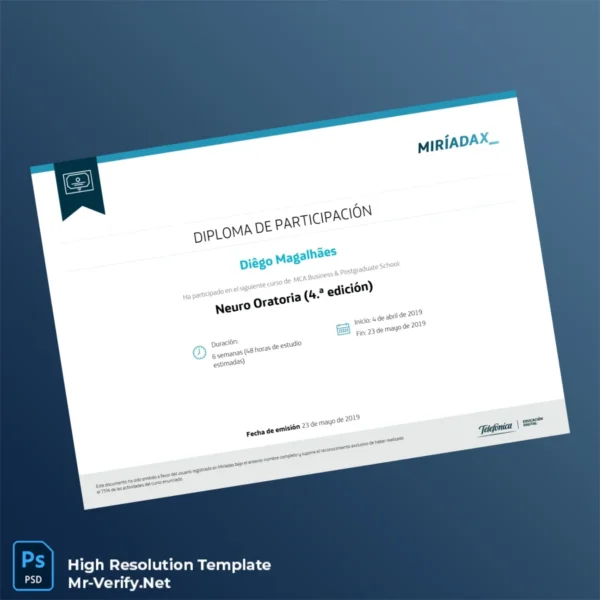Printable Spain Miriadax Neuro Oratory Participation Diploma Template Image Preview - PrintDocs